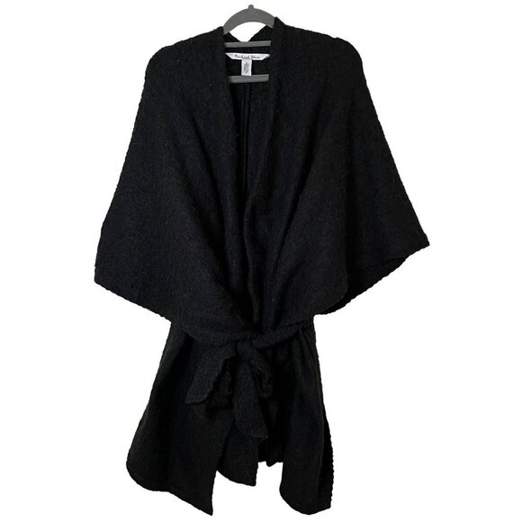 Michael Stars Tie Waist Poncho Fuzzy‎ Black Shawl Cozy Warm One Size - Picture 1 of 8